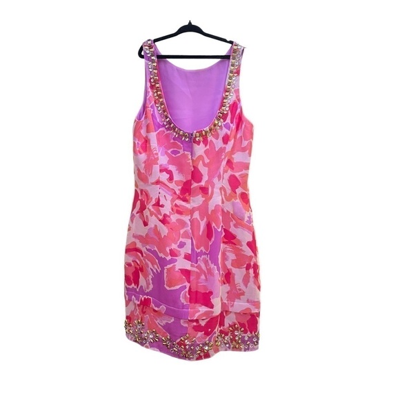 🥒 Lilly Pulitzer Silk Pulaski Embellished Beaded Mini Dress Soiree Purple Pink 0 - Picture 4 of 11